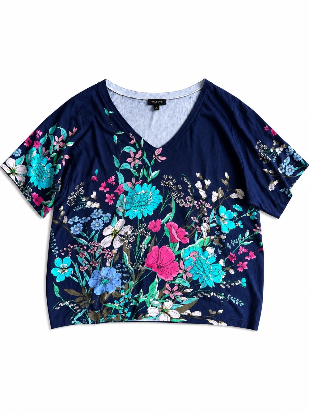 Talbots V-Neck Short Sleeve Top Navy Blue Multicolor Floral Size Large